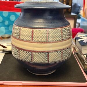 Vintage Blue and Cream Patterned Raku Studio Pottery Vase With Lid